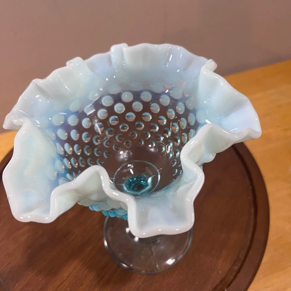 Vtg Fenton Blue Opalescent Hobnail Ruffled Glass Compote‎ MCM Candy Dish 6